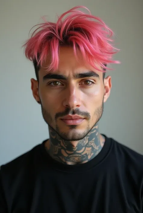 A guy, iranian, pink hair, brown eyes, medium skin, wearing a black t-shirt, tattoos on his neck and arms, portrait, hd, realistic, raw photo 