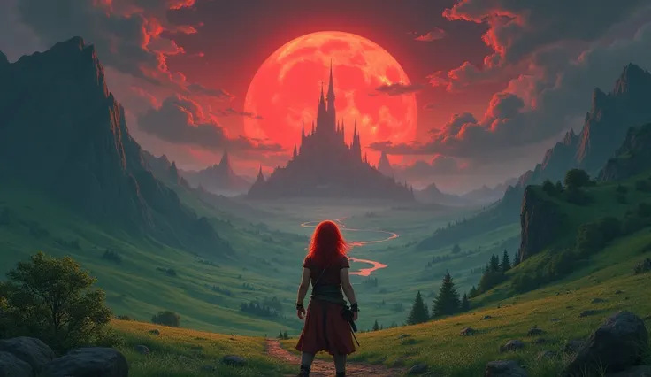 
A fantasy kingdom with sprawling emerald fields and towering mountains under a blood-red moon. The Ivory Citadel gleams in the distance, but dark clouds spiral around it ominously. In the foreground, a young blacksmith with fiery red hair stands determine...