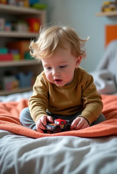 (Due to technical issues, the 

The  is playing on the bed. He is in his small room, where his bed is against the wall. The  is sitting on his soft and warm blanket and there are many toys scattered around him. He has a small car in his hand, which he is r...