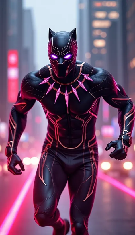 " A hybrid hero in a futuristic and neon-illuminated city , with tall, modern buildings in the background.  The character possesses the elegance and strength of the Black Panther ,  with a black suit Vibranium that is reinforced with red and gold details ,...