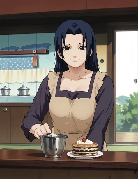 official art, anime screencap, anime coloring, intricate details,
breasts, 
mature female,
mikoto, 1girl, long hair, black hair, uchiha mikoto, blue hair, black eyes,

tiny apron, 
smile, happy, beautiful face, detailed face, anime screenshot, full body
pe...