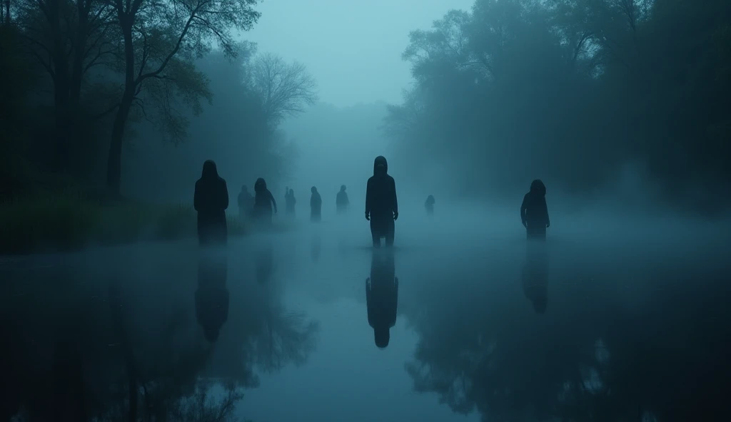 Image of a misty river scene at night, with faint shadowy figures seen standing in the water or on the river bank. The reflection of the water shows mysterious faces that look sad and full of sorrow. super real, HD, Indonesian