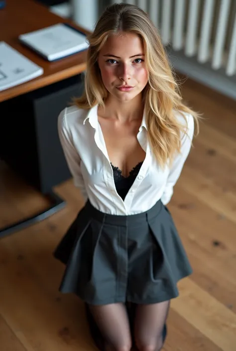 ((Realistic photo from above on “the photographer's own knees”)).  A slender beautiful 1 sexy Caucasian woman stands between her knees 19yo,( blond flowing hair) kneeling and "looking up towards the camera". She wears "a fitted white formal shirt", , "Dark...