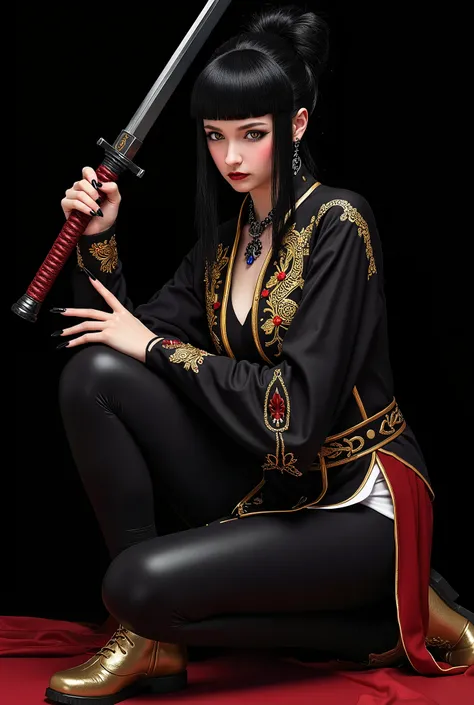 Smoky makeup:2，Black eyeshadow:2，Black lips:2,anatomical correct:2,solo,1sword xuer ai yazawa style girl,1 Girl,Solitary,Black Hair,Hair Bun,Chinese clothes,Keep,Keep weapon,twice as good,Bangs,blunt Bangs,One knee,looking at the audience,Jewelry,earrings,...