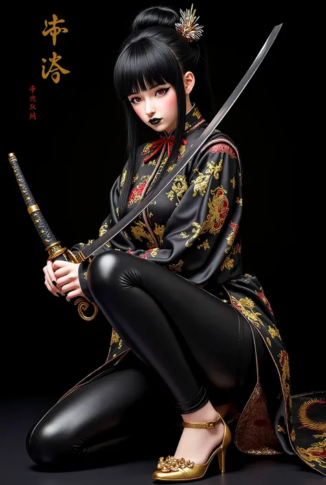 Smoky makeup:2，Black eyeshadow:2，Black lips:2,anatomical correct:2,solo,1sword xuer ai yazawa style girl,1 Girl,Solitary,Black Hair,Hair Bun,Chinese clothes,Keep,Keep weapon,twice as good,Bangs,blunt Bangs,One knee,looking at the audience,Jewelry,earrings,...