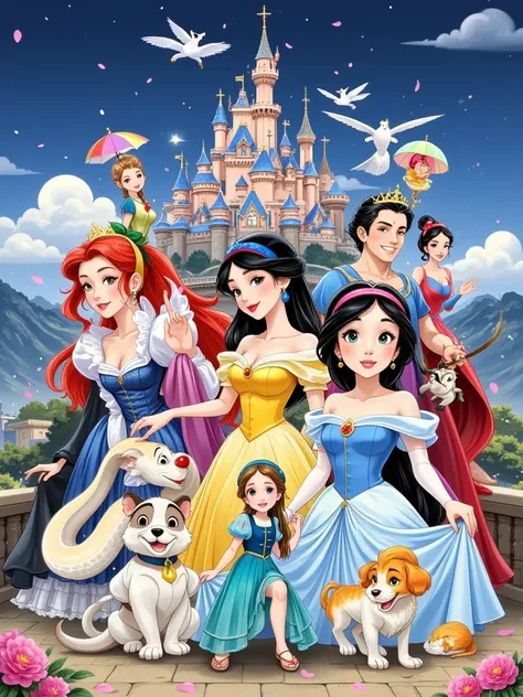 
This rectangle image features a collection of well-known animated characters from various Disney movies. The characters include classic Disney princesses, animals, and other beloved figures from Disney's animated films. They are all gathered together in a...