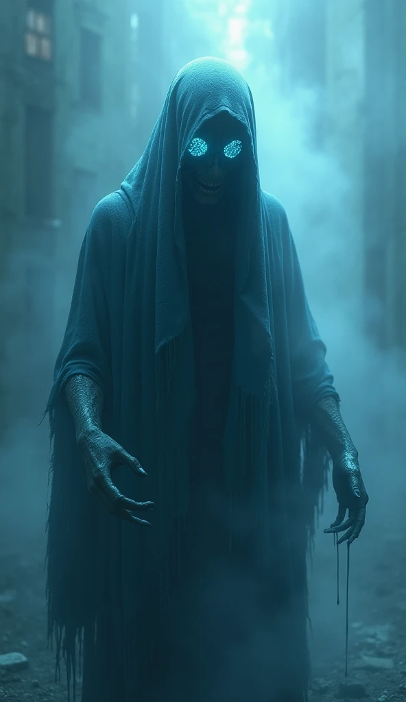 A haunting, dark fantasy 3D render of a sorrowful spectral entity, the embodiment of despair. Its form is shrouded in a tattered, flowing cloak of shadowy blue mist, constantly shifting as if dissolving into the air. Its hollow, glowing blue eyes leak an e...