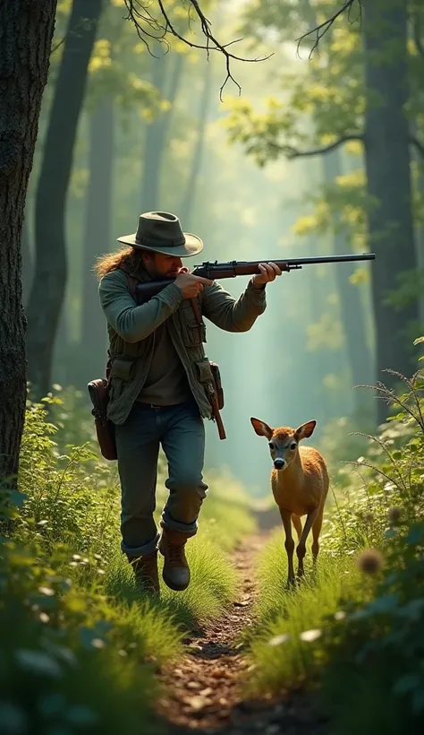 The hunter with a rifle shot at the fawn running in the forest.

