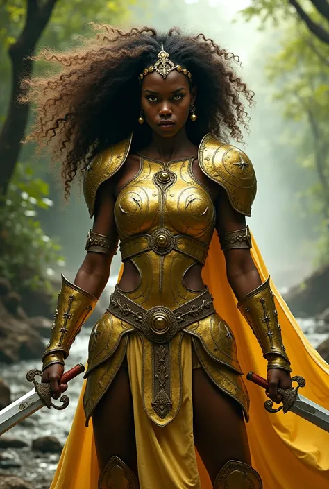 woman, black woman with curly hair,  golden armor, head jewelry, two swords one in each hand, Eyes glowing yellow,  two swords in her hand , furious, Rivers bustling, Wind in the woods