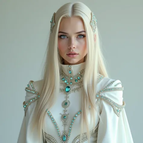 FULL, photorealistic LOOK of a beautiful 40-year-old sorceress queen with straight blond hair looking a little sideways in a white outfit with shiny blue gems and white boots,  high-quality image .