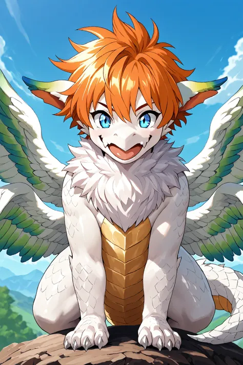 orange hair, source_anime,solo femboy,dragon,highest quality, blue eye, dragon tail, cute, white body,feathered wings , wings, neck fur, low wings, mulch wings.

pouncing pose
