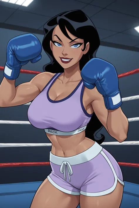 PonyXLV6_Scores BREAK ((parody) perfect anatomy, perfect eyes, cowboy shot), BREAK zatanna zatara, long hair, black hair, dark-skinned female, blue eyes, lipstick, flirting, raised eyebrow, half-closed eyes, ((looking at viewer)), long hair, purple boxing ...