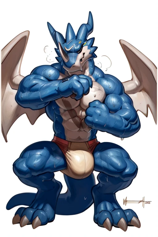 athletic exveemon. 4k, high resolution, best quality, posted on e621, solo, anthro body, older male, masculine:1, male, very masculine:1, (tough build):1.5, (exveemon proportions):1, (correct anatomy):1, (white background, no background:1.2), (bare torso:1...