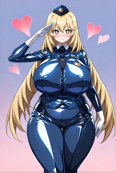 Shokuhou-Misaki,excessive heart,(in heat,embarrassed,blush,smile,),(gigantic huge busty,glamorous,plump,big hips,),(police uniform,pants,long sleeves,blue latex,elbow gloves,tight suits,),(standing at attention,hands at sides,solo,looking viewer,salute,),n...