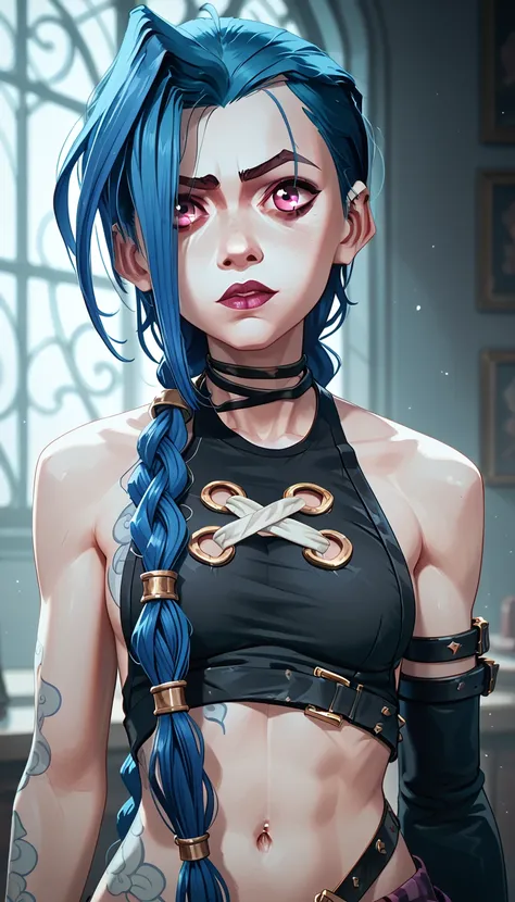 snucleus_9,snucleus_8_ upwards,nucleus_7_ upwards,Jinx,  arcane style ,  in a mystical style  ,1girls  ,  purple-pink eyes ,  blue hair , бра visible through  Clothing , breast,  Cleavage ,  Clothing , , only, improve,  long hair ,  looking at the viewer  ...