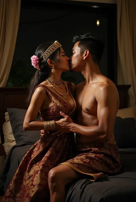 Indonesian Dayak woman in traditional dress who opens her clothes and shows her breasts, KISSING with an Indonesian man.  They are in a room and on a dark mattress with dim lighting,  romantic atmosphere and full of cultural significance .