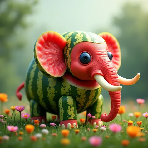 "An elephant made of watermelon: the body is half a watermelon, the legs are cut pieces, and the trunk is a long strip of peel. The eyes are made from blueberries, and the ears are made from thin slices of melon. The background is a green meadow with flowe...