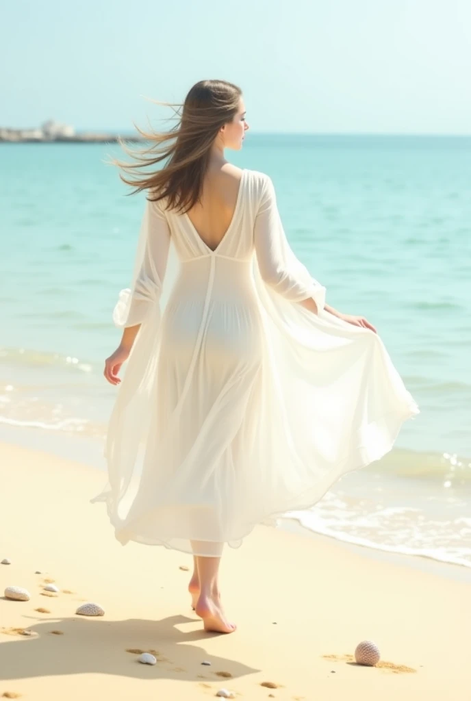 Girl walking on the beach wearing a white long dress and a shaul
