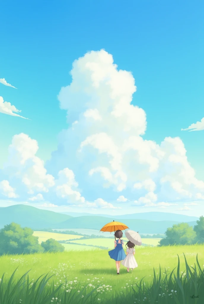 The image is a digital illustration of a beautiful landscape with a large cloud in the sky. The sky is filled with fluffy white clouds that are scattered across the horizon. The clouds are large and fluffy, and they appear to be floating above the ground. ...