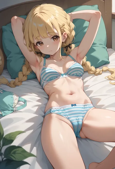 score_9, score_8_up, score_7_up, score_6_up, score_5_up, score_4_up,newest,fujita kotone,brown eyes, blonde hair,twin braids,hair ornament,(white hairclip:0.8),(blue striped panties,blue striped bra:1.3),cameltoe,arms behind head,arched back,