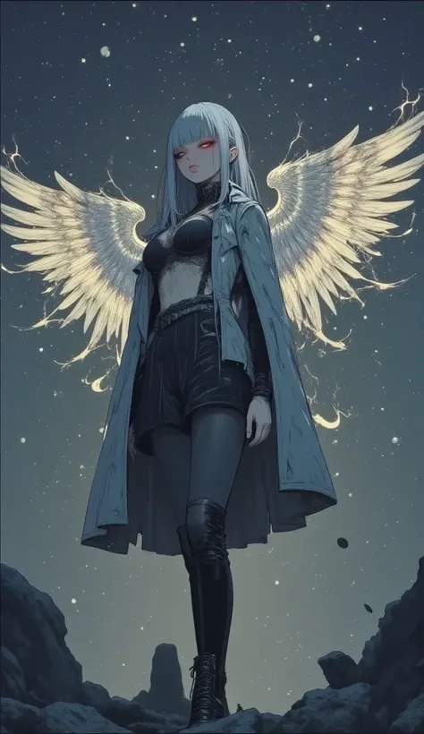 night、null、star、 cyberpunk fashion、 high quality、 high resolution、 Masterpiece、 Details、 upper body close-up、Gundam、 colorful hair、 very beautiful woman、Angel wings from back 、満天のstar、 Moving Poses 