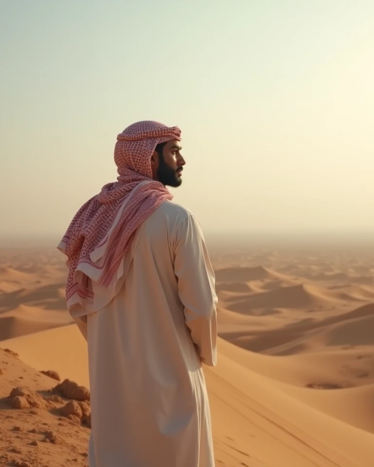 a Saudi man in his 25th year with black hair and black eyes in his traditional Saudi clothing standing on a mountain in the desert and his back is facing us as he looks at the view in the desert and we önlü can see his back