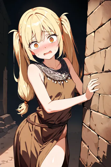 NSFW, Masterpiece, top quality, high resolution, very detailed, girl, Golden Hair , long hair,Twin tails tied at a high place, orange eyes , small tits, medieval Europe , slum, Brown Tunic , sleeveless,With slits,Frightened face,blush,I'm scared