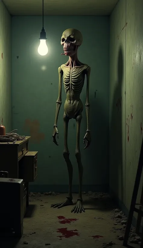 A chilling, hyper-realistic digital painting of a humanoid figure standing in the corner of a dimly lit, decaying room. Its body is unnaturally thin, with elongated limbs that seem to blend into the shadows. The figure’s face is featureless except for a gr...