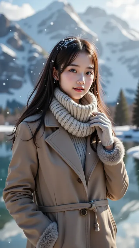 prompt: |
  An 18-year-old young girl stands gracefully by a tranquil, snow-covered lake, surrounded by majestic, towering mountains.  
  Her soft gaze drifts over the icy water, which reflects the towering peaks and the gentle snowfall around her.  
  She...