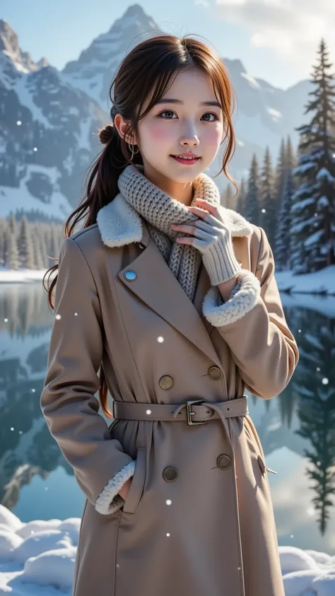 prompt: |
  An 18-year-old young girl stands gracefully by a tranquil, snow-covered lake, surrounded by majestic, towering mountains.  
  Her soft gaze drifts over the icy water, which reflects the towering peaks and the gentle snowfall around her.  
  She...