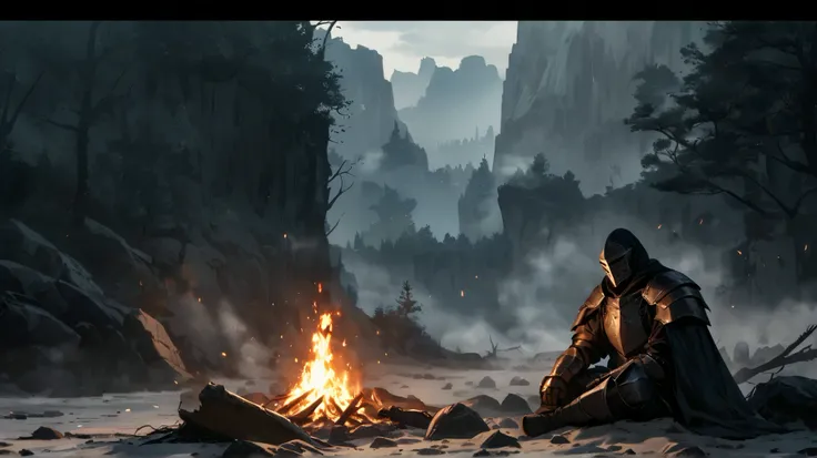 A lone medieval knight sits near a bonfire, resting after battle. His armor is worn and damaged, reflecting the flickering warm glow of the fire. A massive, greatsword is planted into the ground beside him. The atmosphere is cold and melancholic, with mist...