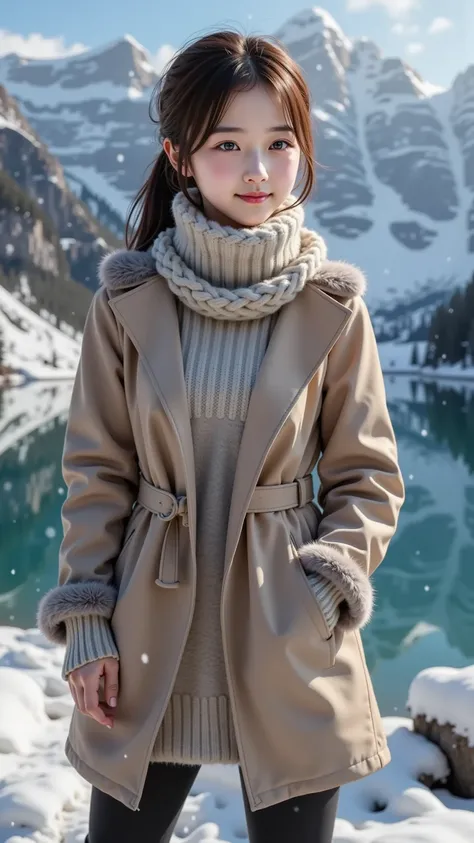 prompt: |
  An 18-year-old young girl stands gracefully by a tranquil, snow-covered lake, surrounded by majestic, towering mountains.  
  Her soft gaze drifts over the icy water, which reflects the towering peaks and the gentle snowfall around her.  
  She...