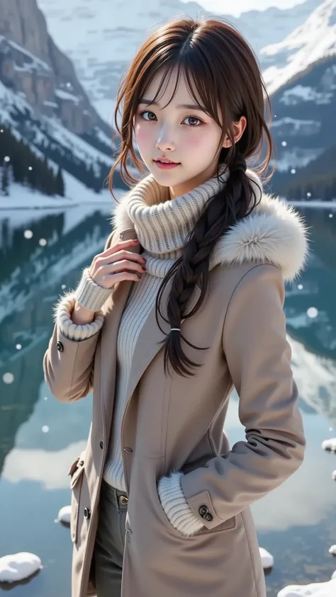 prompt: |
  An 18-year-old young girl stands gracefully by a tranquil, snow-covered lake, surrounded by majestic, towering mountains.  
  Her soft gaze drifts over the icy water, which reflects the towering peaks and the gentle snowfall around her.  
  She...