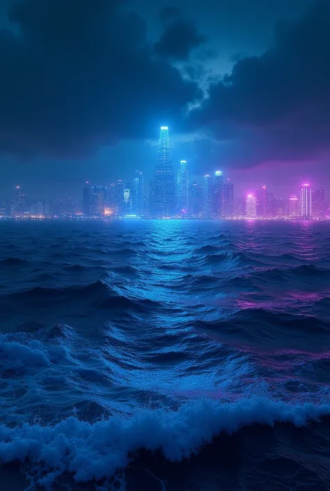 8к, A high-quality, ultra-detailed cyberpunk-themed ocean at night. The dark water is illuminated by neon blue and purple lights, reflecting the glow of a futuristic city skyline in the distance. The waves have a bioluminescent effect, creating a high-tech...