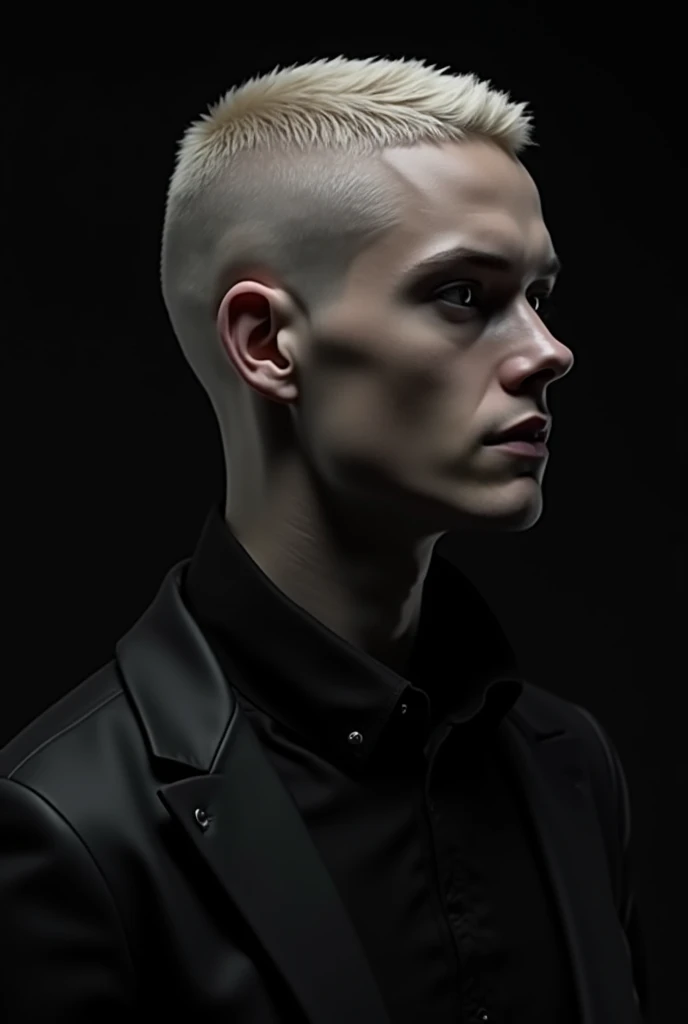 buzz cut boy...dramitic lighting...ultra realistic....grey eyes.......side profile....fair man....black outfit......black background.....dramatic dark core vibes...bad boy vibes.....strong jaw...handsome.....ash blonde buzz cut....