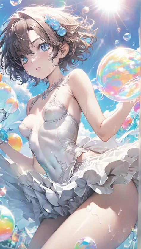  of the best quality , very good,  8,000, Absurd,  very detailed , 2.5D,  beautiful goddess , Soap Bubbles,  soft colors ,  sunshine, Pop Art,  exquisite and dynamic ,  Soft Color Fantasy ,  dark hair ,  Bob Kurt, Very young,  small breasts,  official art