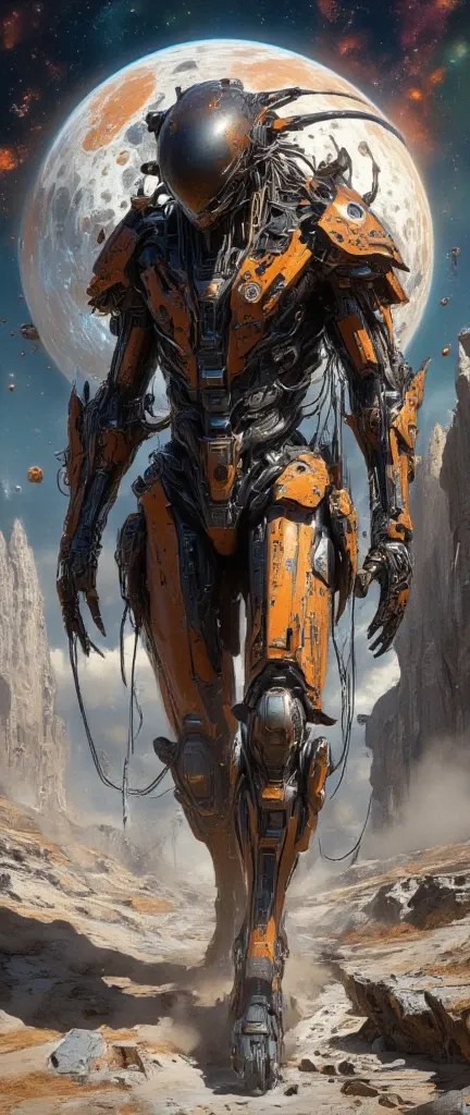 
A cyberpunk digital painting depicting an old rusty robot that sadly wanders through an alien landscape.Its design resembles a medieval knight in armor. The parts and assemblies are made of weathered, rusty metal with complex mechanical components, groove...