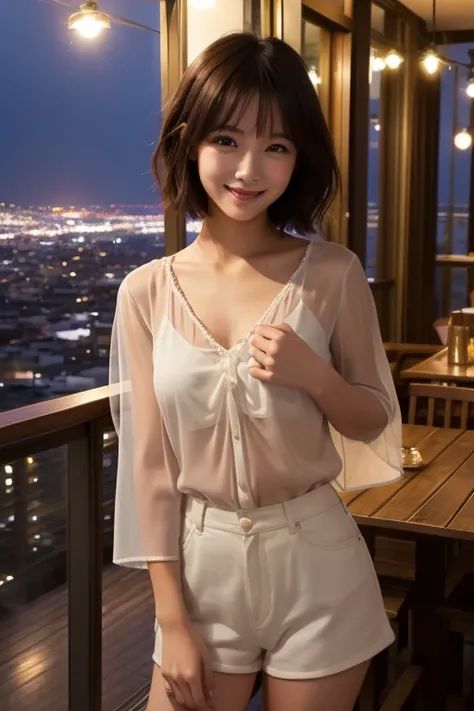 Female Solo、smile、 short hair、 Sheer Blouse、naked、 is a natural fit、A veranda on a rainy day 、 a night view of a lively city、