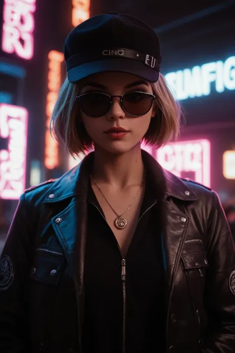 Enlarged face, alternative girl, watching through black sunglasses, jacket, necklace, neon light reflections on the skin, shaving, makeup, skin blemishes, short hair, small hat, neon lights background, poor lighting, depth of field, detailed in high detail...