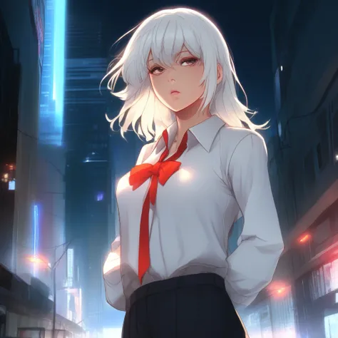  Masterpiece,  top quality,   so aesthetic ,  1 man, Alone, Higashino Akiba , Tsukihime,  white hair band,  white shirt,  red ribbon, lips,  puffy face, ,   hands on own hips,  while inside,  upper body,  indoor,  backlight,   night , ( dark), city