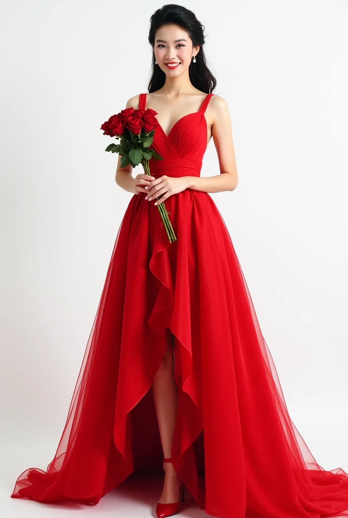 Create a full body beautiful Thai women smiling wearing a red ball gown and red high heels, black beautiful hairstyles,holding a red rose's bouquet, standing on the white background, looking at the camera, real photo 