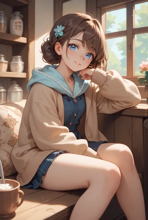  Anime girl,  sitting in a cozy cafe, 
the girl has brown hair,  blue eyes, in a cozy  