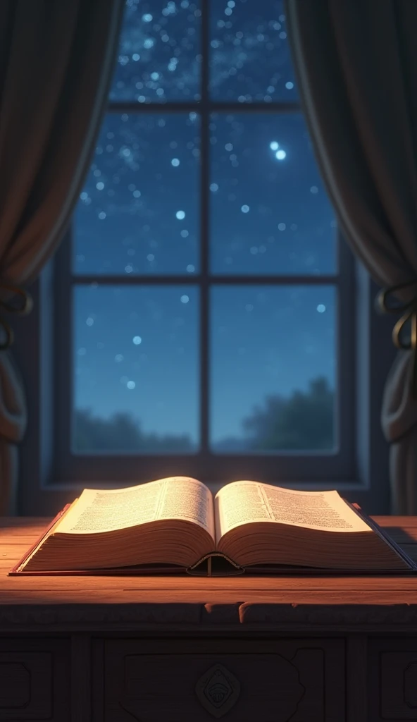 Holy Bible,  beautiful,  wooden table in the background,  capa detalhes dolados  ,  on wooden table , Parallel eyebrows in background, A window where you can see the starry sky.  Fine Details ,  BEST QUALITY, 32k or corn. Pixar Style.