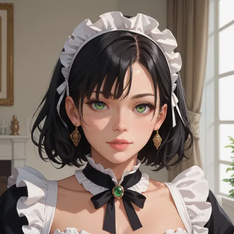 solo focus,  1girl , (masterpiece, high quality:1),  portrait of a beautiful girl,  with black hair and green eyes. unusual appearance , in maid cosplay 