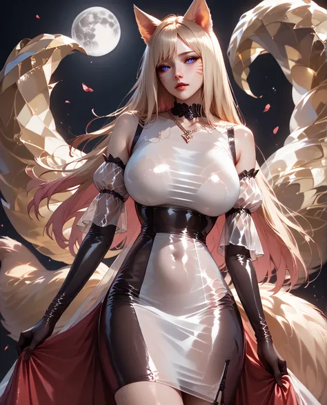 best quality,  masterpiece, last,  1 girl, Perfect Anatomy,  dress, kitsine  ,   with perfect eyes  ,Fox ears, more Cristal fox tails   , One,  blonde,  long hair,  gradient hair ,   looking at the viewer ,  big breasts ,  massive breasts,  bare shoulders,...