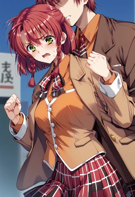 doukoku_riyo, green eyes, red hair, short hair, twin braids, BLEAK black vest, brown jacket, school uniform, orange shirt, plaid skirt, pleated skirt, red skirt,nipple,pain, 