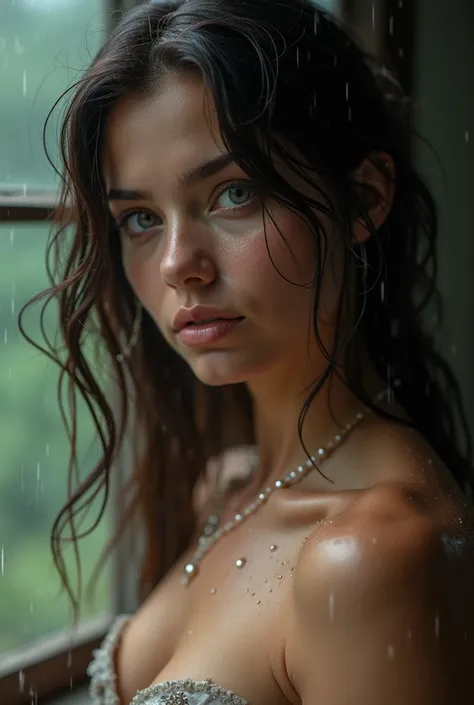 ( high quality, 4K,  masterpiece  :1.3),  beautiful woman, Une fille, (chest, corps attrayant :1.2), muscles abdominaux :1.1,  dark brown hair : 1.1, ( It rained and I got wet, raindrops ,  wet body :1.2),  very detailed face ,  detailed lips , grain fin, ...