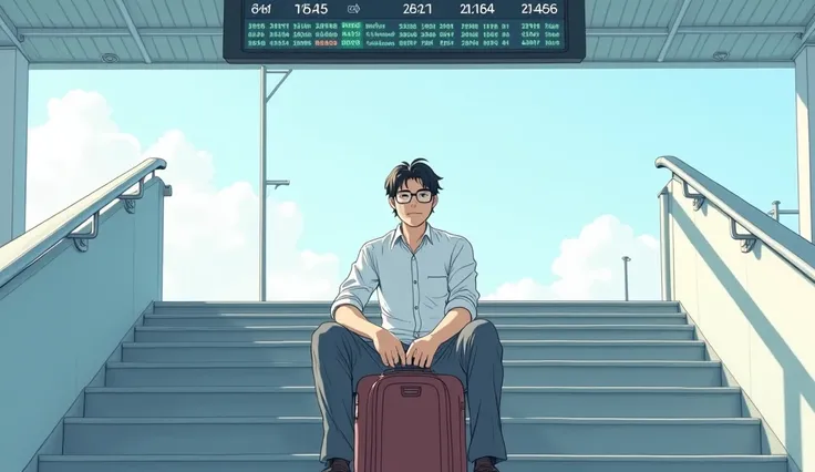 An anime-friendly looking male business character who is wearing glasses, with medium-length hair, wearing a white button-up shirt with rolled-up sleeves and gray slacks. He is sitting on a minimalist staircase in a quiet, empty train station, holding a su...