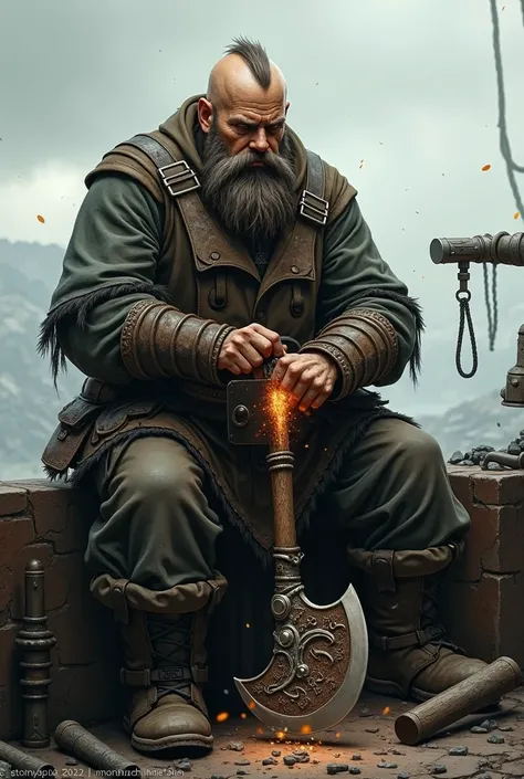 A dwarven blacksmith stands , in a mine , in front of an anvil and forges a war axe