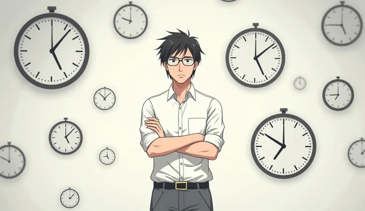 An anime-friendly looking male business character who is wearing glasses, with medium-length hair, wearing a white button-up shirt with rolled-up sleeves and gray slacks. He is standing in a minimalist office, surrounded by clocks of all shapes and sizes, ...